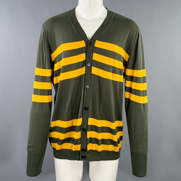 MARNI Size M Green Yellow Stripe Cotton V-Neck Cardigan - Picture 1 of 8